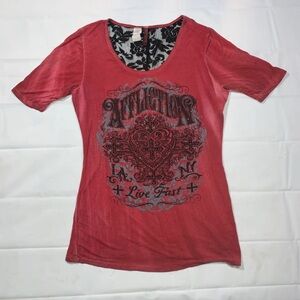 Affliction Live Fast Black Premium T-Shirt Womens Size XL Lace Biker Y2K USA